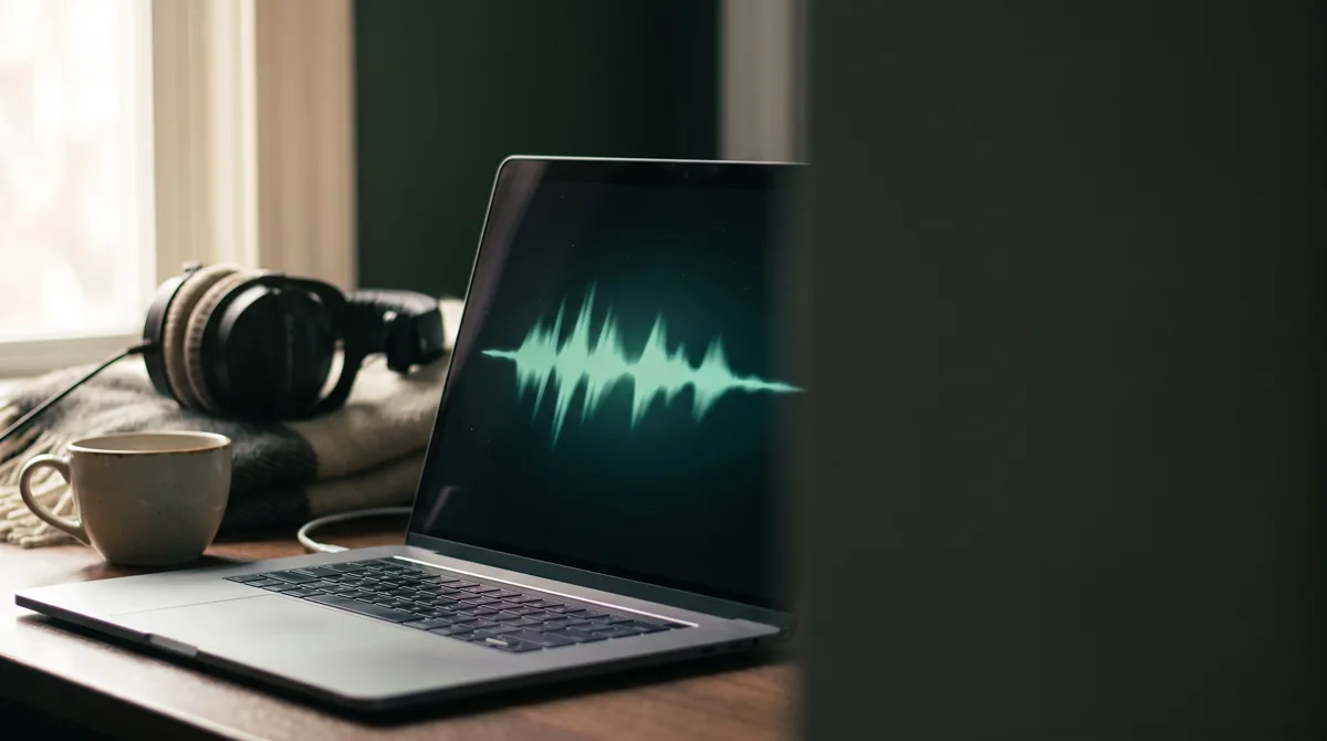 Bærbar computer med en grøn lydbølge på skærmen, hovedtelefoner i baggrunden på et skrivebord