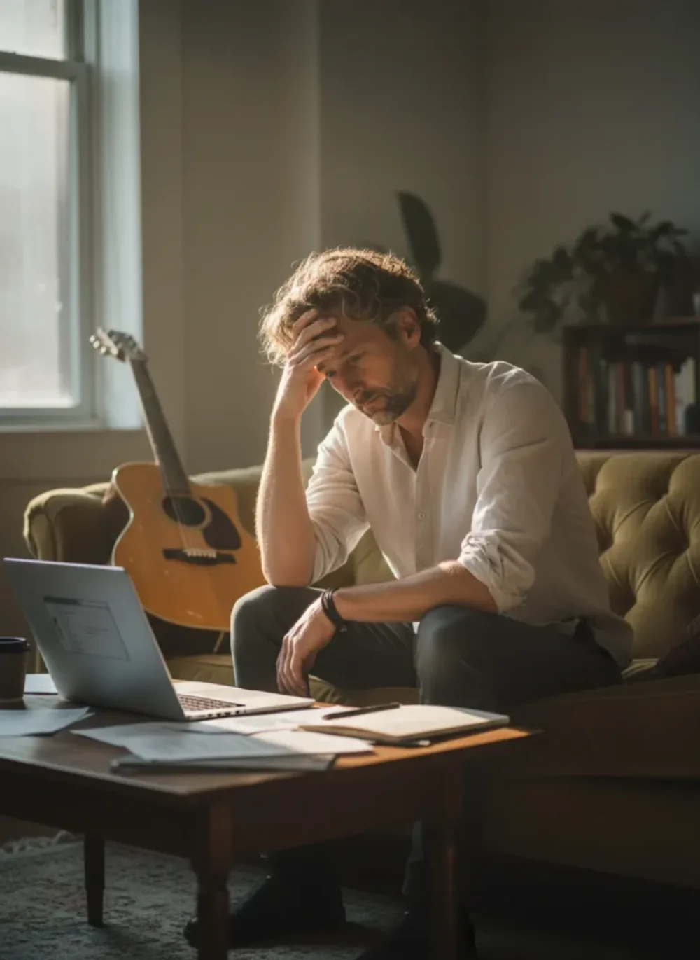 Sangskriver arbejder med sin sang derhjemme